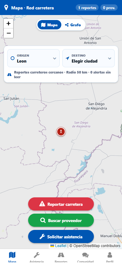 Pantalla real de Abbante A en Mapa con reporte carretero cercano