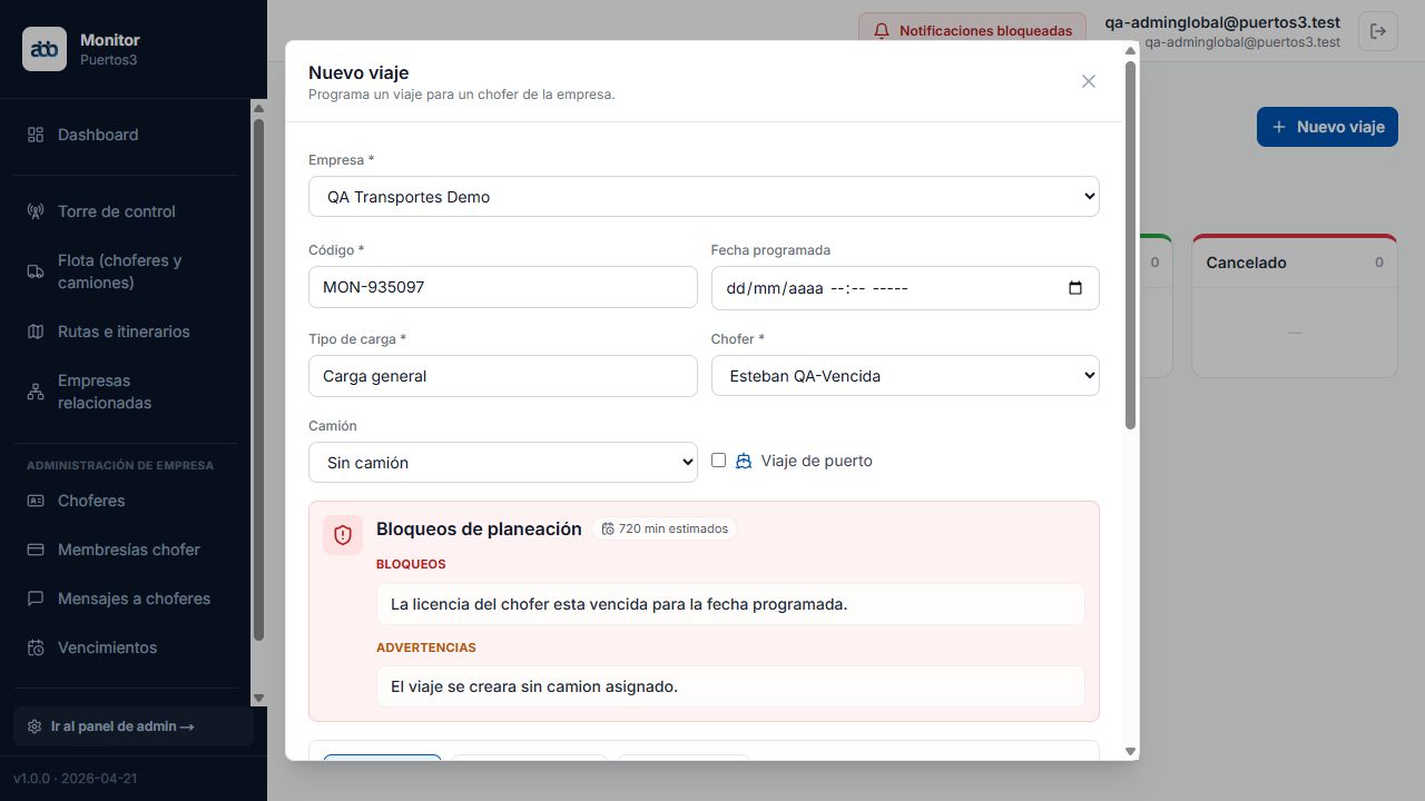 Pantalla real de MonitorWeb mostrando bloqueos de planeación al crear un viaje