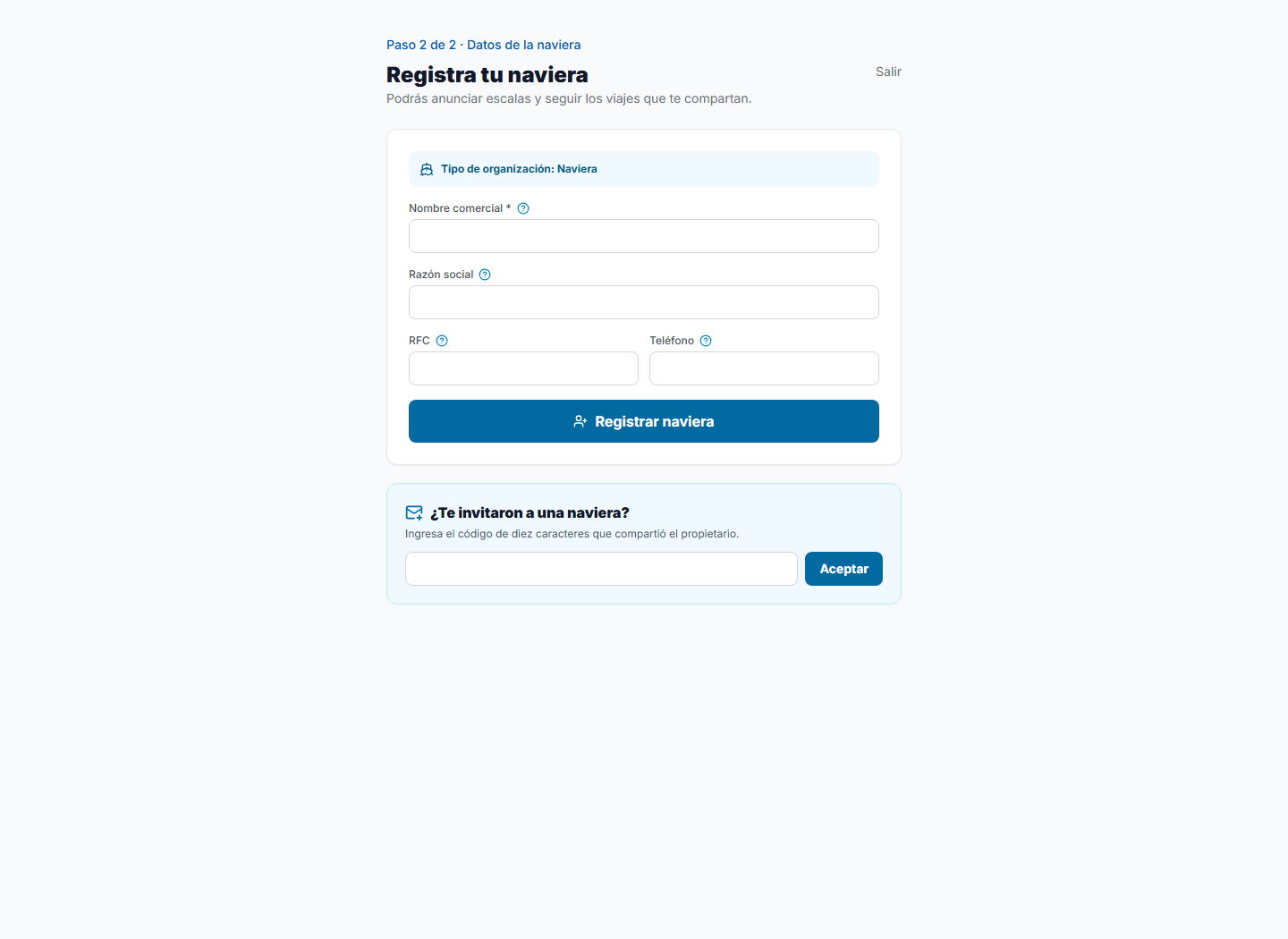 Registro de la organización naviera