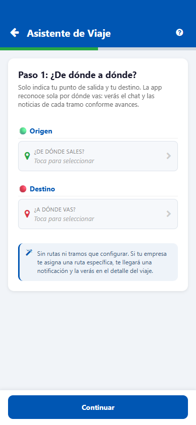 Pantalla real de crear viaje por origen y destino en AppPuertos